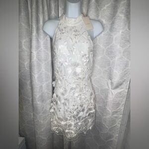 White Floral Embroidered Halter Mini Dress Women’s Medium NWT